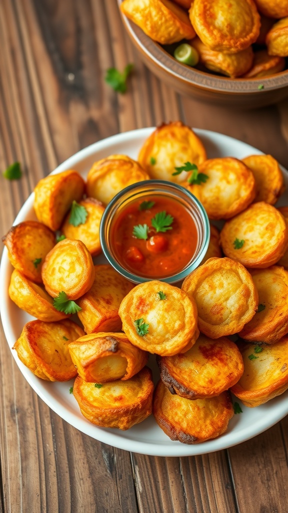 Crispy potato snacks on a plate with dipping sauce, garnished with herbs.